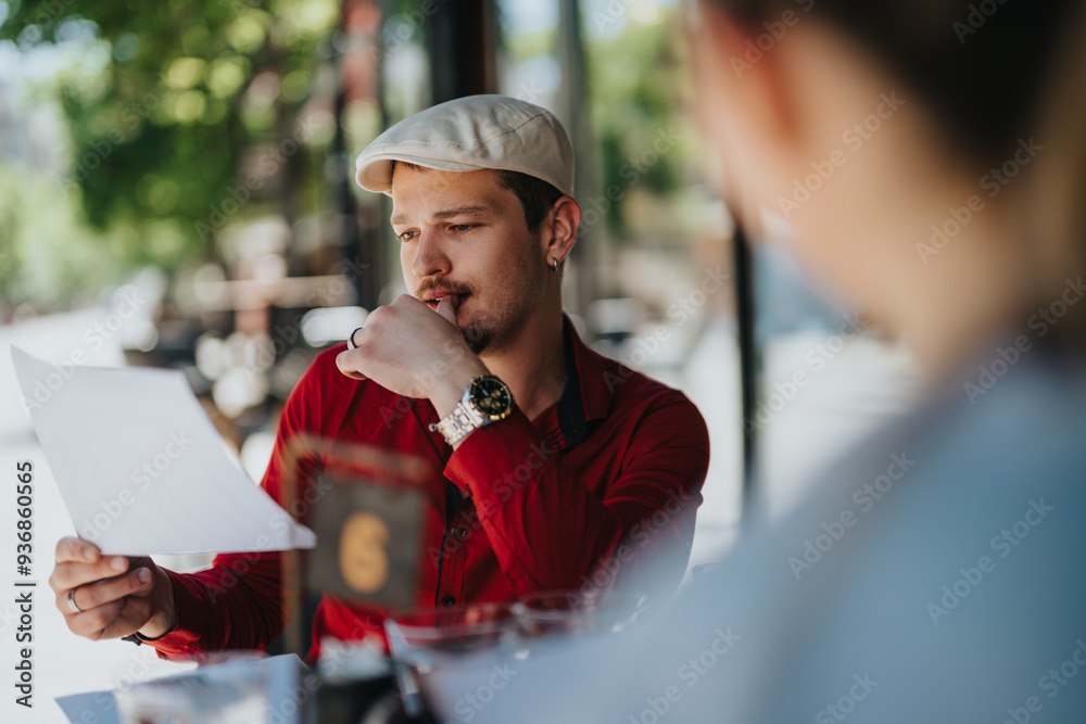 Wall mural young business associates discussing documents outdoors in a casual environment. focused man in red 