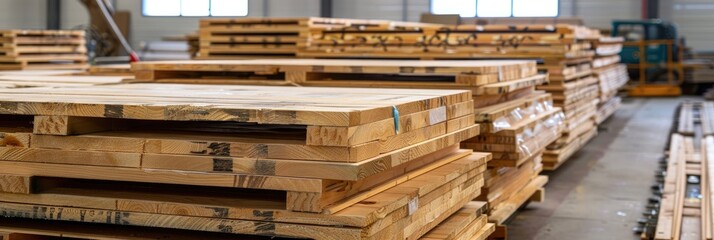 Obraz premium Pine Lumber Piled on Wooden Planks with Flanged Edges in the Carpentry Sector