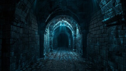 Ancient stone walls create a haunting ambiance in the deserted castle cave, where shadows dance in the flickering light as dusk sets in. The eerie silence invites exploration