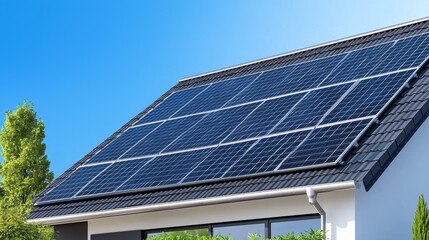 Naklejka premium Solar panels on a modern home roof under a clear blue sky, symbolizing renewable energy and sustainability