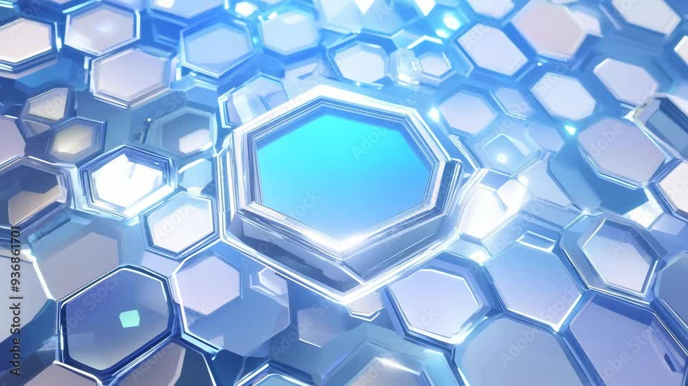 Poster exploring intricate patterns of blue hexagons with reflective surfaces in a modern digital design