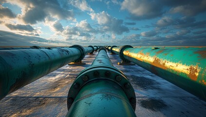 Low-angle view of industrial pipelines with rust, set against a moody sky. Captures the essence of urban infrastructure and environmental themes.