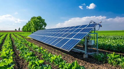 Solar panels installed in a green field promoting renewable energy and sustainable agriculture