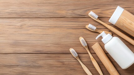 Eco friendly oral care products on wooden surface, featuring bamboo toothbrushes and natural toothpaste