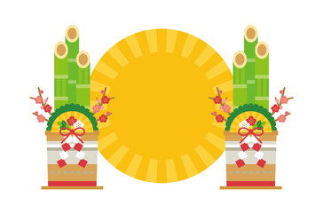 門松のイラストと、黄色い丸の集中線のフレームのお正月向け背景素材