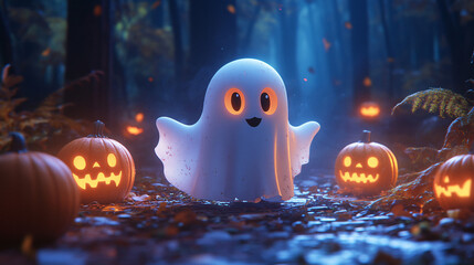 Halloween Ghost pumpkin illustration, spooky orange face on a dark background