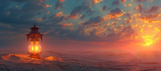 Fototapeta premium A glowing lantern stands in tranquil desert sands at sunset, casting warm light as vibrant clouds fill the sky in a stunning display of nature's beauty.