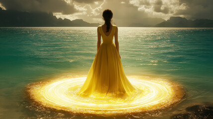 Golden Glow: A solitary woman in a flowing yellow gown stands at the center of a luminous circle on a tranquil lake, bathed in the ethereal glow of a setting sun. The scene evokes a sense of mystery, 