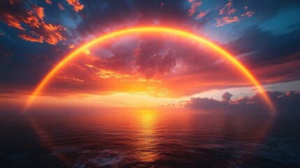 Sunset with a Rainbow Over the Ocean