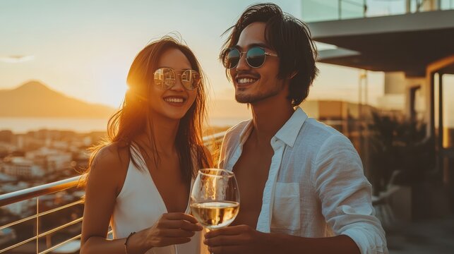 An Asian couple shares laughter while holding wine glasses, surrounded by a stunning sunset view from their balcony