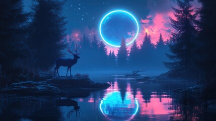 Naklejka premium Futuristic night landscape with abstract forest landscape. Dark natural forest scene with reflection of moonlight in the water, neon blue light. Dark neon circle background, dark forest, deer , ai
