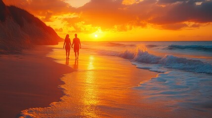 Silhouettes of Couple Walking on Beach at Sunset