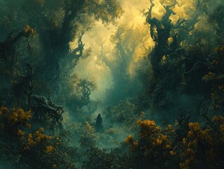 Enchanted Forest with Dark Silhouette and Glowing Foliage in Mystical Light - A Thrilling Exploration into Fantasy and Nature