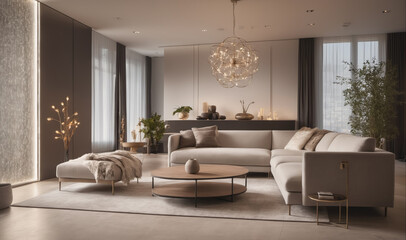 A modern living room with a large sectional sofa, coffee table, and a decorative plant in the corner