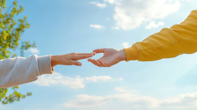 Two hands reaching out towards each other against a bright sky, symbolizing connection, love, and hope in a serene setting.