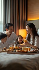 A happy Asian family shares a delightful room service breakfast, laughing and enjoying each other's company in a hotel room