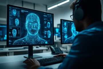 High tech workspace featuring multiple AI driven monitors highlighting the collaboration between human and artificial intelligence in creating cutting edge technological solutions