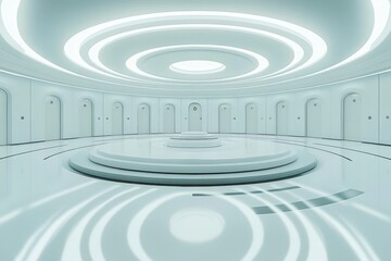 Obraz premium Futuristic white room with concentric circles symbolizing minimalism technological precision and the infinite possibilities of space and design in a clean modern environment