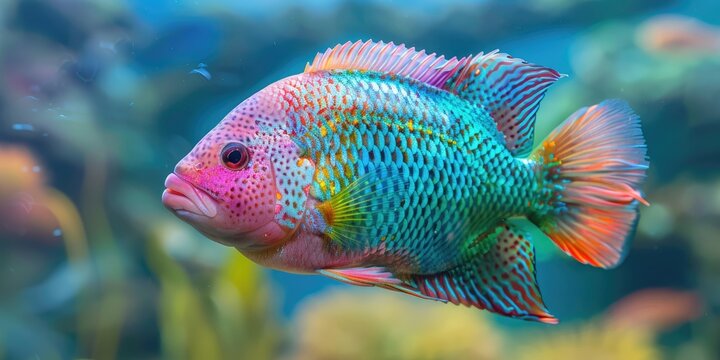 Hybrid Cichlid Fish, Flowerhorn King Kamfa, Swimming in an Aquarium