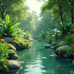 river path of green vegetation and calm water