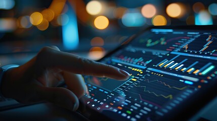 Businessperson navigating through financial analytics on a touchscreen device