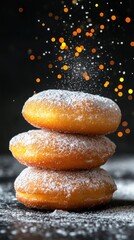 Three powdered sugar donuts stacked on a black surface with a sprinkling of powder sugar and blurred lights in the background.