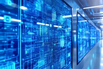 Digital data streams flowing through a futuristic server room representing the vast and dynamic nature of modern information networks and high tech infrastructure