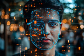 Young man with digital facial patterns overlaid on his face representing the fusion of human identity and technological augmentation in a visually striking high tech portrait