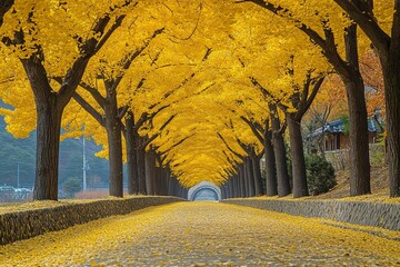 autumn ginkgo trees tunnel in the morning with yellow leaves besides Gokkyocheon Creek near...