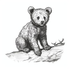 Obraz premium Hand-Drawn Baby Bear on a Log Illustration â€“ Adorable and Detailed Sketch for Nature Lovers