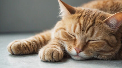Ginger cat peacefully sleeping on a smooth indoor surface