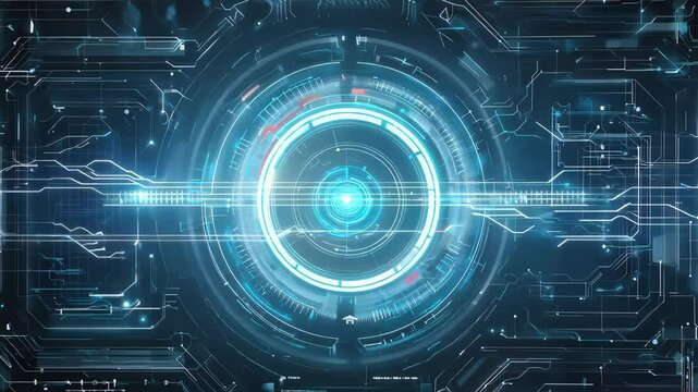 Futuristic digital interface design featuring a central glowing element and intricate circuit patterns, symbolizing technology and innovation.
