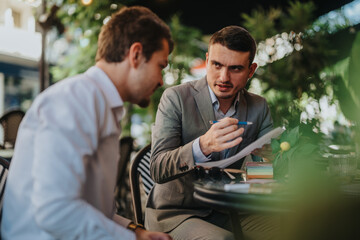 Obraz premium Business professionals having an outdoor meeting to discuss sales strategies and analyze growth reports, highlighting collaborative efforts and business development.