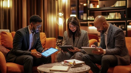 A group of business professionals engages in a collaborative discussion, using tablets for project planning in a chic lounge atmosphere