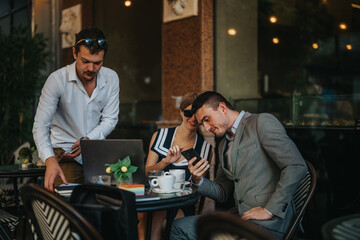Business professionals collaborate at a cafe, working with laptops. The scene highlights the use of technology in a relaxed outdoor setting.