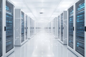 Minimalist futuristic server room with white walls and bright lighting symbolizing the clean and efficient design of modern data centers in a high tech environment