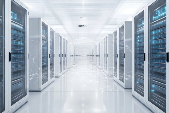 Minimalist futuristic server room with white walls and bright lighting symbolizing the clean and efficient design of modern data centers in a high tech environment