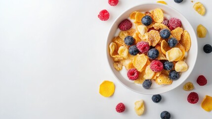 A bowl of cereal with milk, blueberries and raspberries on a white background.