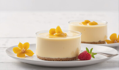 Fototapeta premium Two creamy mango cheesecakes sit on a white plate with a yellow flower and a strawberry