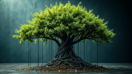 A lush tree stands prominently with branches full of green leaves, while thick cables curl around the trunk and roots, symbolizing the blend of nature and technology in harmony