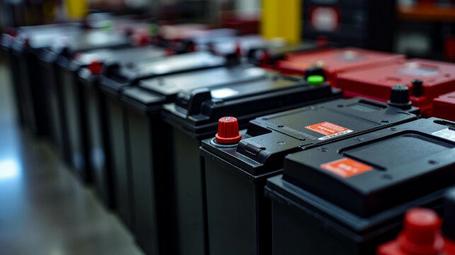 A long row of car batteries is neatly arranged in a well-lit warehouse, highlighting different types and colors, ready for automotive use or distribution