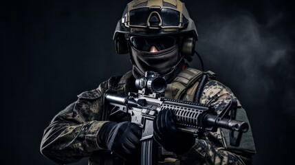 Portrait of a special forces soldier with machine gun. The concept of special military units. Neural network ai generated art