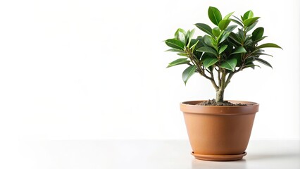 Fototapeta premium Ficus plant in a small pot isolated on white background, ficus, plant, pot, isolated, white background, indoor plant