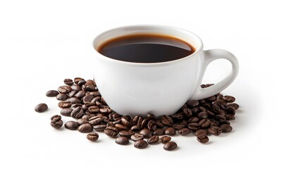 Obraz premium Fragrant hot coffee in a white cup with beans spilling roasted 