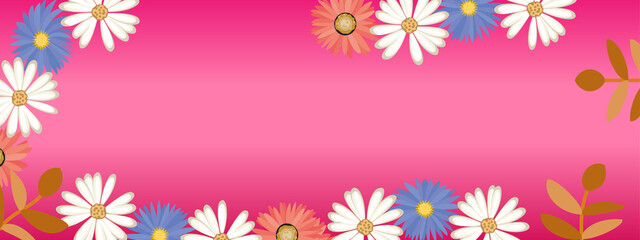 Illustration of beautiful blooming flowers isolated on pink background, copy space.