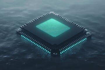 Futuristic glowing microchip floating on water symbolizing the advanced technology and cutting edge design in modern computing