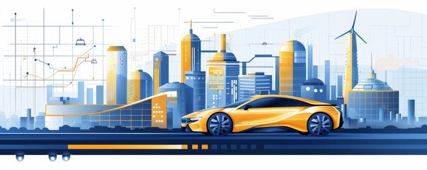 A yellow car is driving down a city street with tall buildings in the background