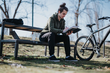 Obraz premium A peaceful day captured with a man sitting on a park bench, deeply engrossed in a book next to his bicycle under blue skies.