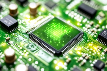 Close up of a glowing green microchip on a black circuit board symbolizing the power and innovation of modern computing hardware