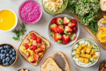 A spread of plant-based breakfast dishes on toast. 